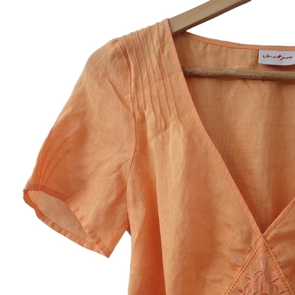 Linen SS Tie Waist Blouse Orange Light Pleated V-Neck Tunic SZ 2 - Picture 6 of 9